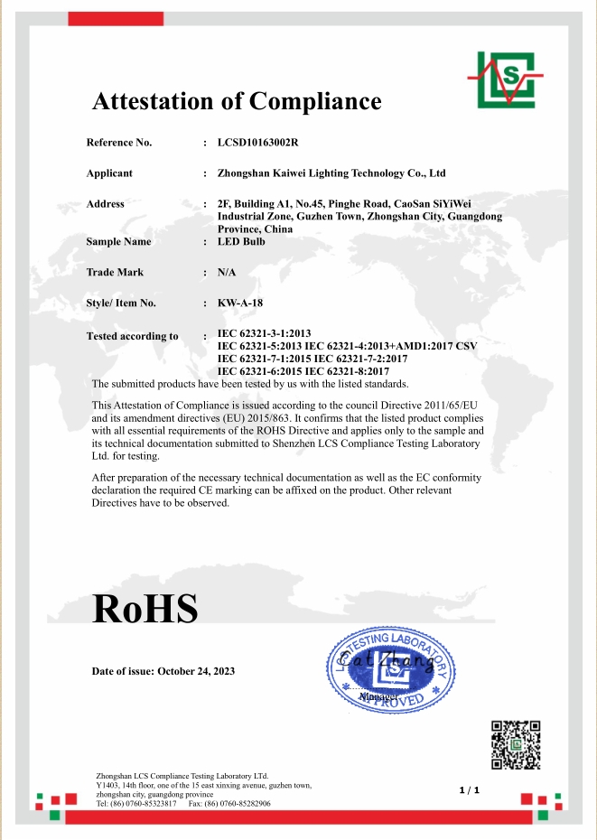 Zhongshan Kaiwei Lighting Technology Co., Ltd.'s LED Lighting Products Awarded RoHS Certification